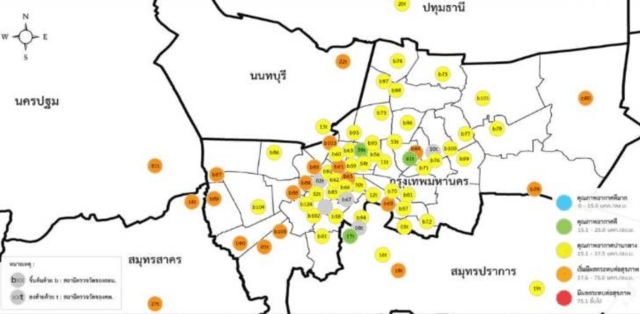 Excessive PM2.5 pollution in 23 areas of Bangkok and suburbs