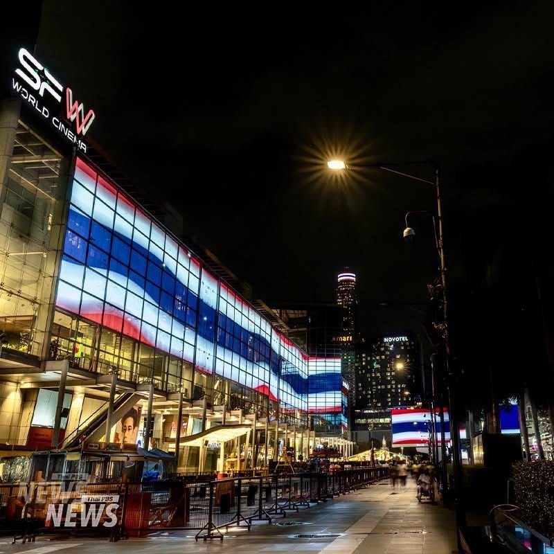 Bangkok buildings light up in colours of Thai national flags